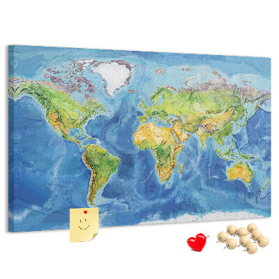 Tableau affichage liège Carte du monde aux couleurs pastel.