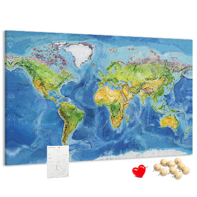 Tableau affichage liège Carte du monde aux couleurs pastel.