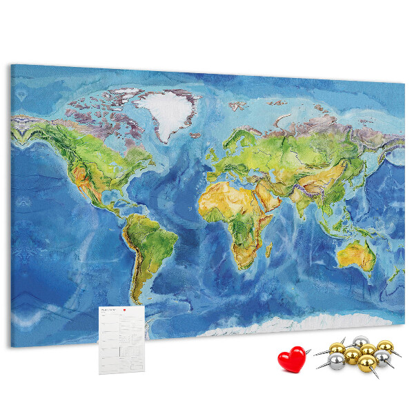 Tableau affichage liège Carte du monde aux couleurs pastel.