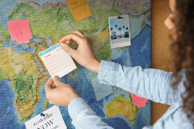 Tableau affichage liège Carte du monde aux couleurs pastel.