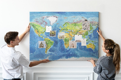 Tableau affichage liège Carte du monde aux couleurs pastel.