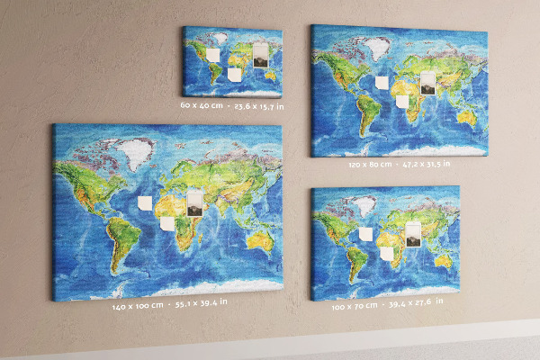 Tableau affichage liège Carte du monde aux couleurs pastel.