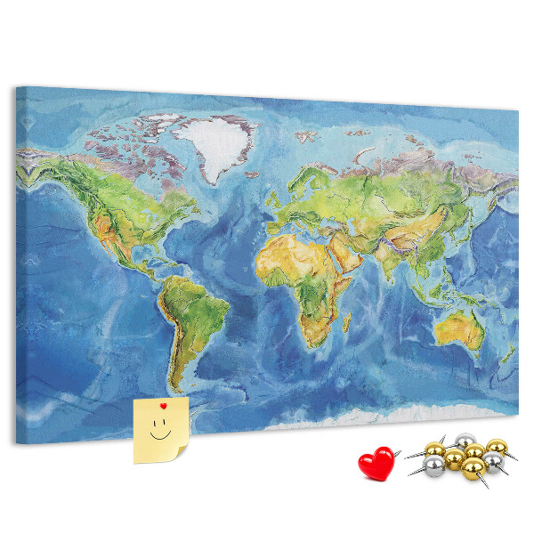Tableau affichage liège Carte du monde aux couleurs pastel.