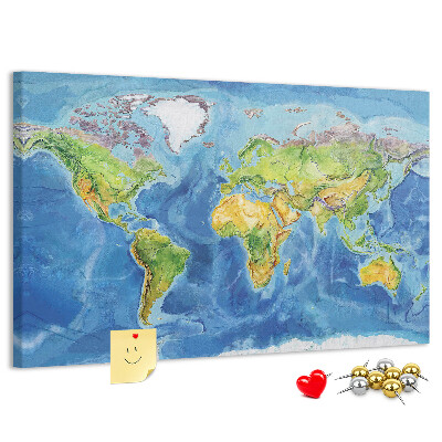 Tableau affichage liège Carte du monde aux couleurs pastel.