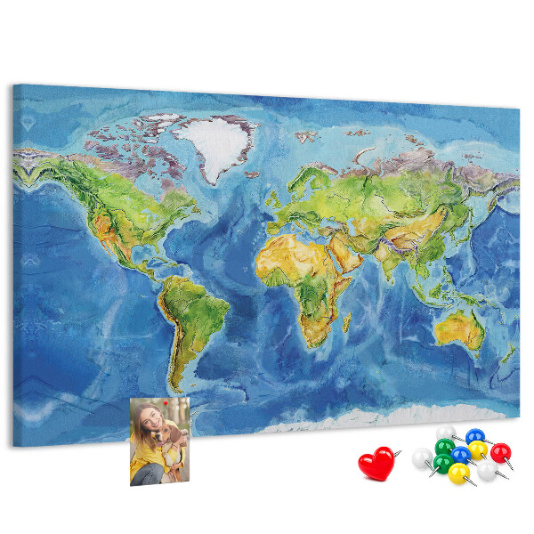 Tableau affichage liège Carte du monde aux couleurs pastel.
