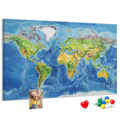Tableau affichage liège Carte du monde aux couleurs pastel.