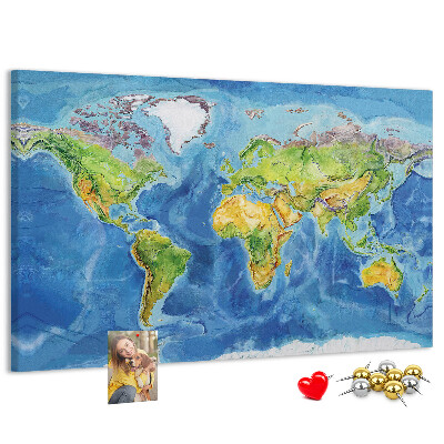 Tableau affichage liège Carte du monde aux couleurs pastel.