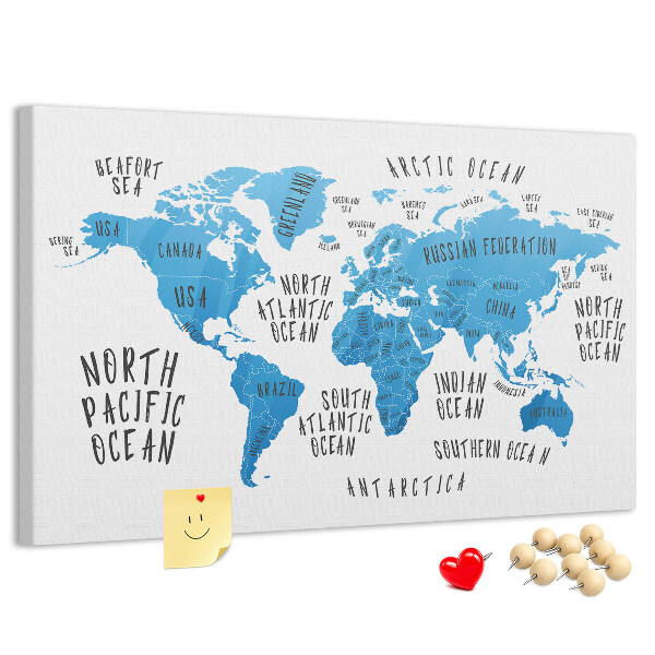 Tableau de liège Carte du monde avec les noms des océans et des pays