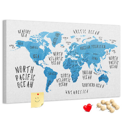 Tableau de liège Carte du monde avec les noms des océans et des pays