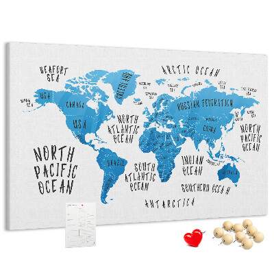 Tableau de liège Carte du monde avec les noms des océans et des pays