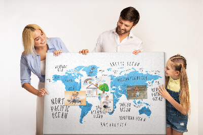 Tableau de liège Carte du monde avec les noms des océans et des pays