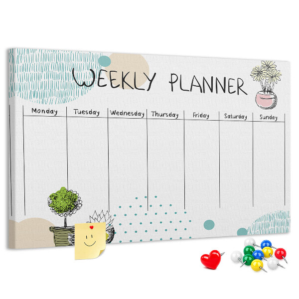 Tableau affichage liège Agenda hebdomadaire coloré avec des plantes