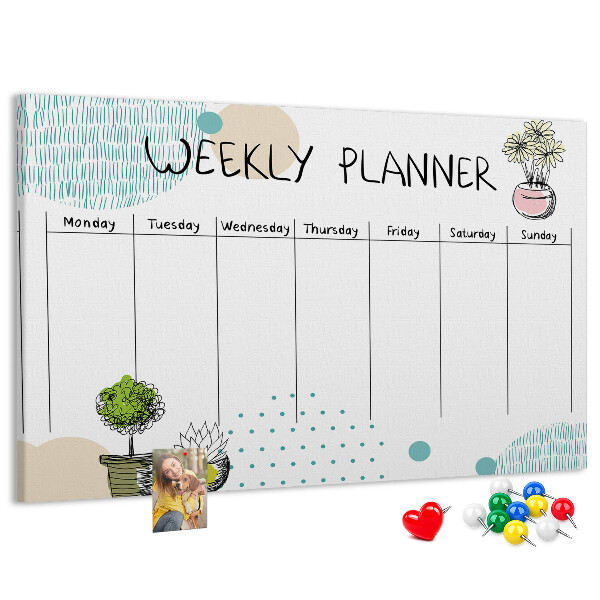 Tableau affichage liège Agenda hebdomadaire coloré avec des plantes