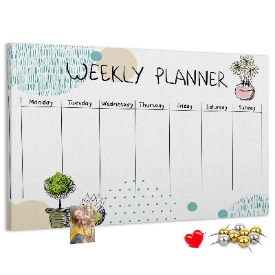 Tableau affichage liège Agenda hebdomadaire coloré avec des plantes