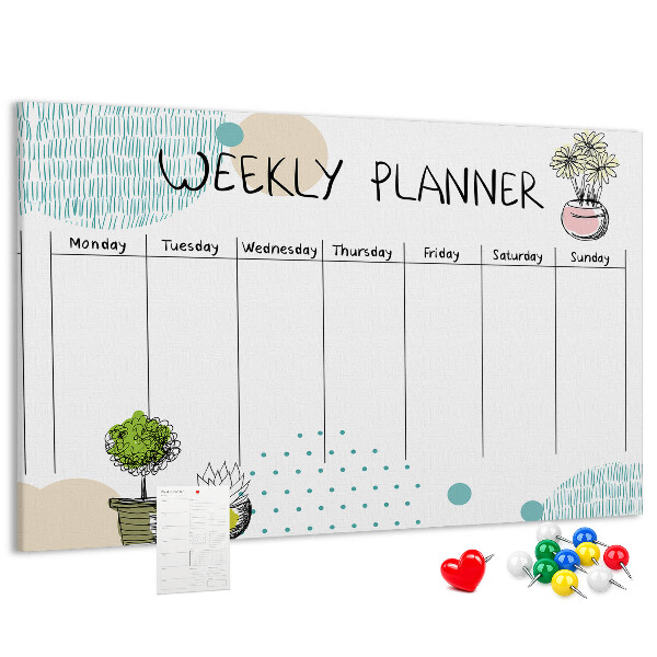Tableau affichage liège Agenda hebdomadaire coloré avec des plantes