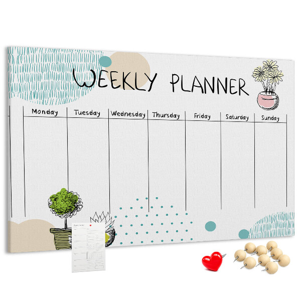 Tableau affichage liège Agenda hebdomadaire coloré avec des plantes