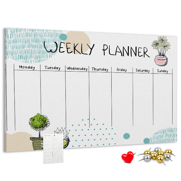 Tableau affichage liège Agenda hebdomadaire coloré avec des plantes