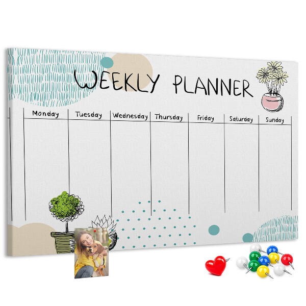 Tableau affichage liège Agenda hebdomadaire coloré avec des plantes