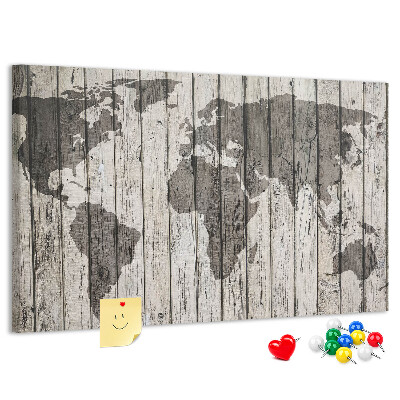 Tableau affichage liège Une carte du monde sur un fond de planches de bois