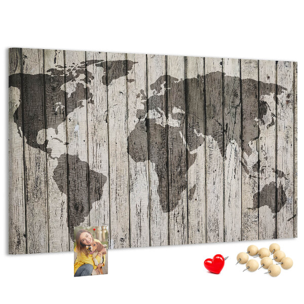 Tableau affichage liège Une carte du monde sur un fond de planches de bois