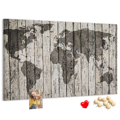 Tableau affichage liège Une carte du monde sur un fond de planches de bois