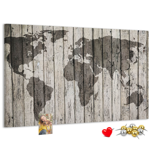 Tableau affichage liège Une carte du monde sur un fond de planches de bois