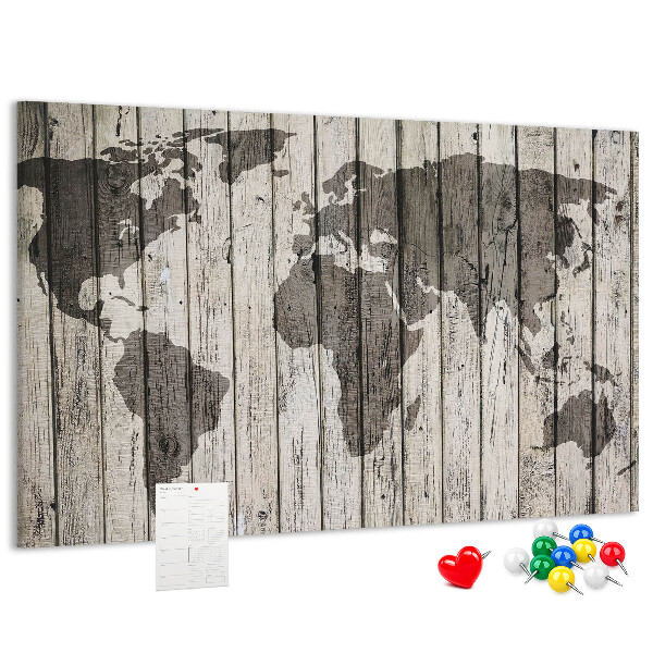 Tableau affichage liège Une carte du monde sur un fond de planches de bois