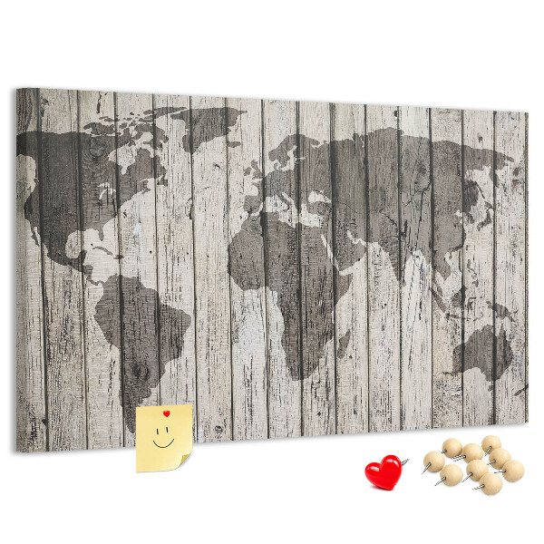 Tableau affichage liège Une carte du monde sur un fond de planches de bois