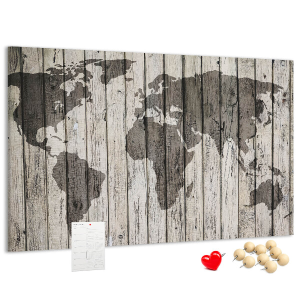 Tableau affichage liège Une carte du monde sur un fond de planches de bois