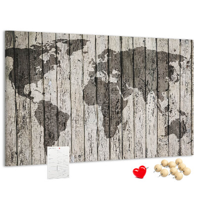 Tableau affichage liège Une carte du monde sur un fond de planches de bois
