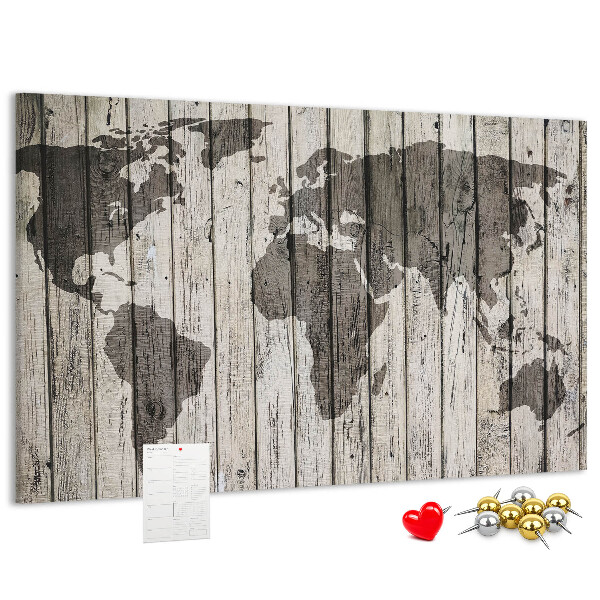 Tableau affichage liège Une carte du monde sur un fond de planches de bois
