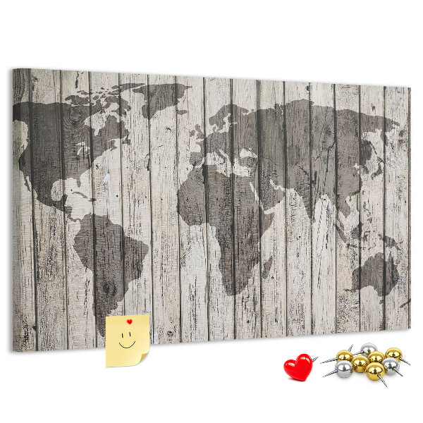 Tableau affichage liège Une carte du monde sur un fond de planches de bois