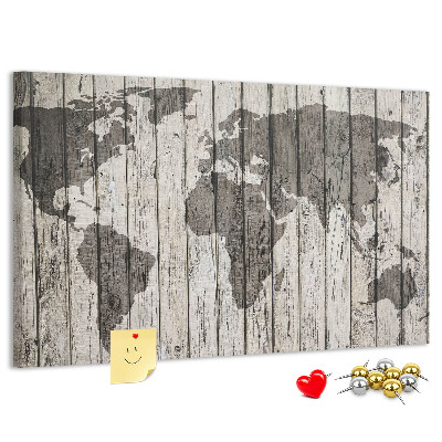 Tableau affichage liège Une carte du monde sur un fond de planches de bois