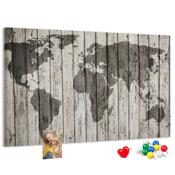 Tableau affichage liège Une carte du monde sur un fond de planches de bois