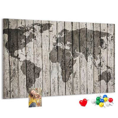 Tableau affichage liège Une carte du monde sur un fond de planches de bois