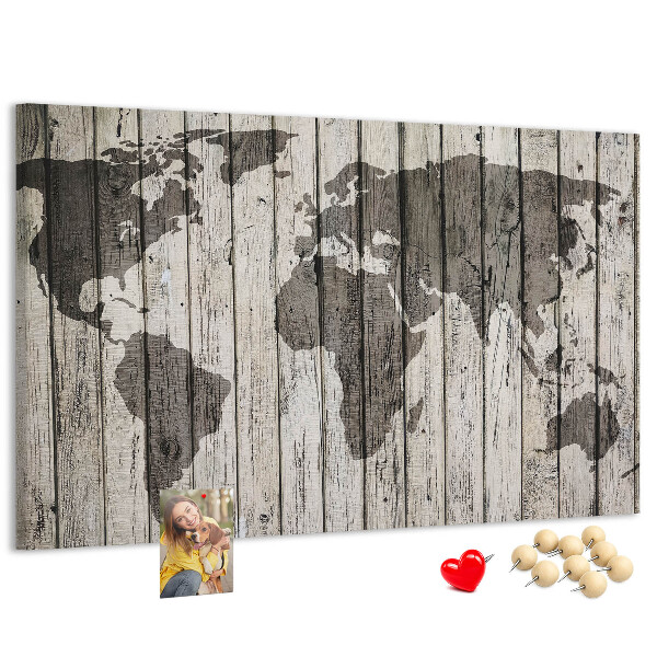 Tableau affichage liège Une carte du monde sur un fond de planches de bois