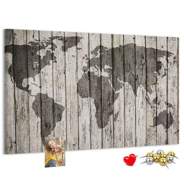 Tableau affichage liège Une carte du monde sur un fond de planches de bois