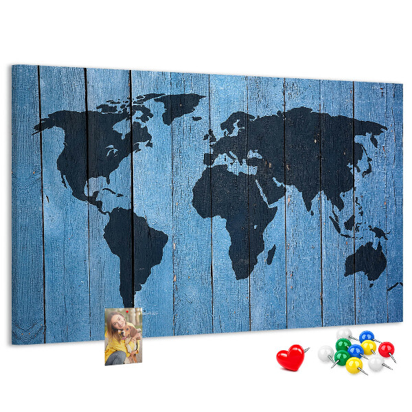 Tableau en liège Carte du monde sur fond en bois