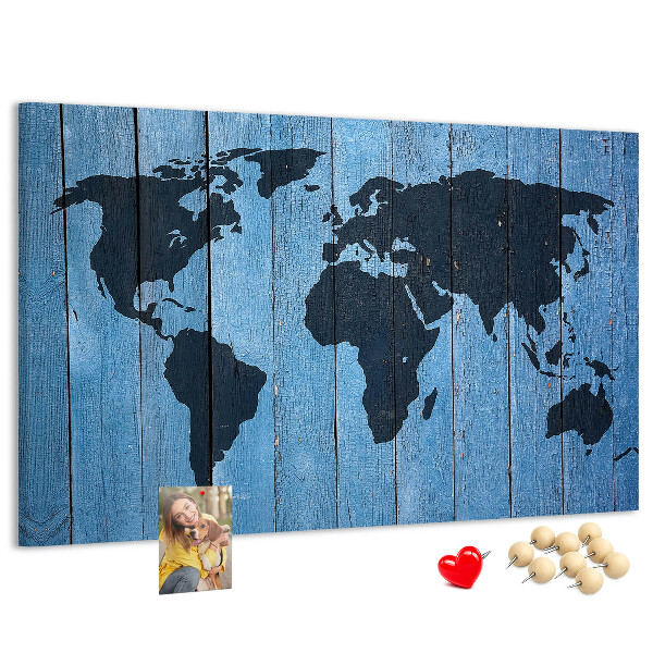 Tableau en liège Carte du monde sur fond en bois