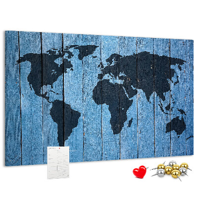Tableau en liège Carte du monde sur fond en bois