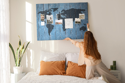 Tableau en liège Carte du monde sur fond en bois