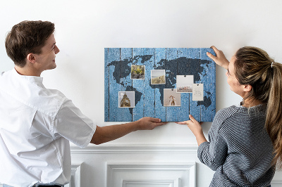 Tableau en liège Carte du monde sur fond en bois