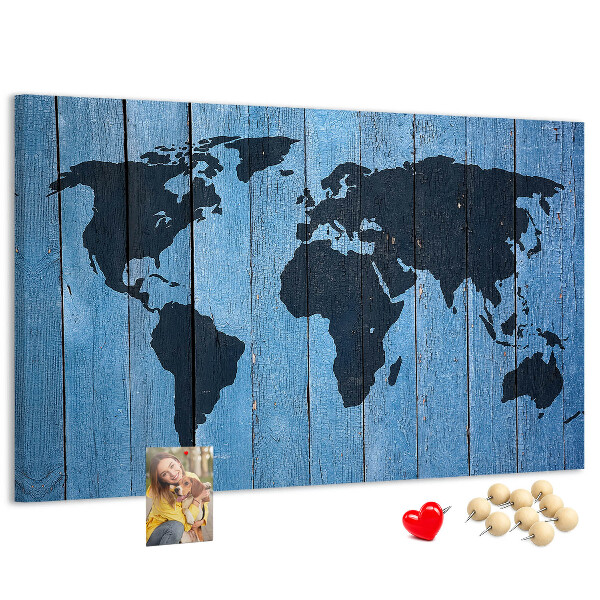 Tableau en liège Carte du monde sur fond en bois