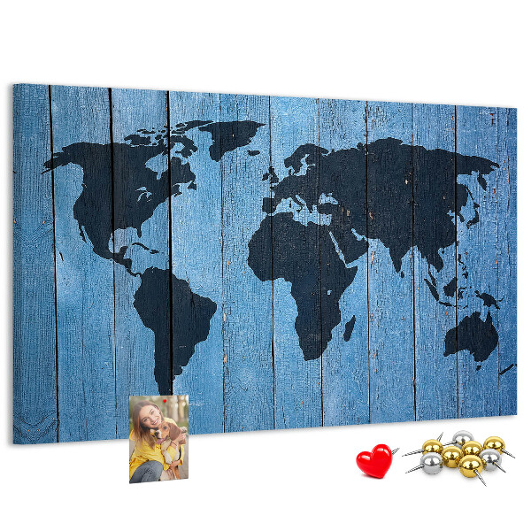 Tableau en liège Carte du monde sur fond en bois