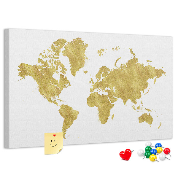 Tableau affichage liège Carte du monde dorée sur fond blanc