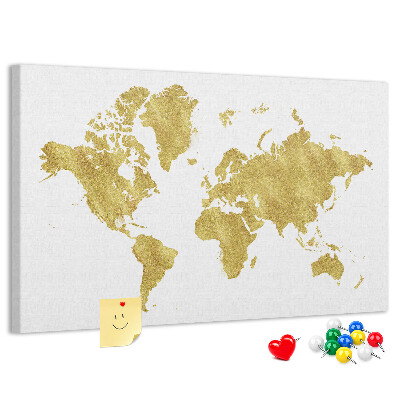 Tableau affichage liège Carte du monde dorée sur fond blanc