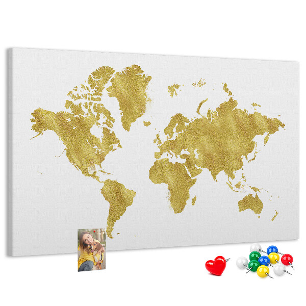 Tableau affichage liège Carte du monde dorée sur fond blanc