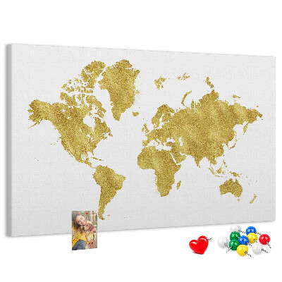 Tableau affichage liège Carte du monde dorée sur fond blanc