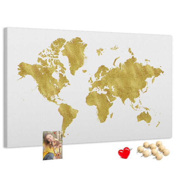 Tableau affichage liège Carte du monde dorée sur fond blanc