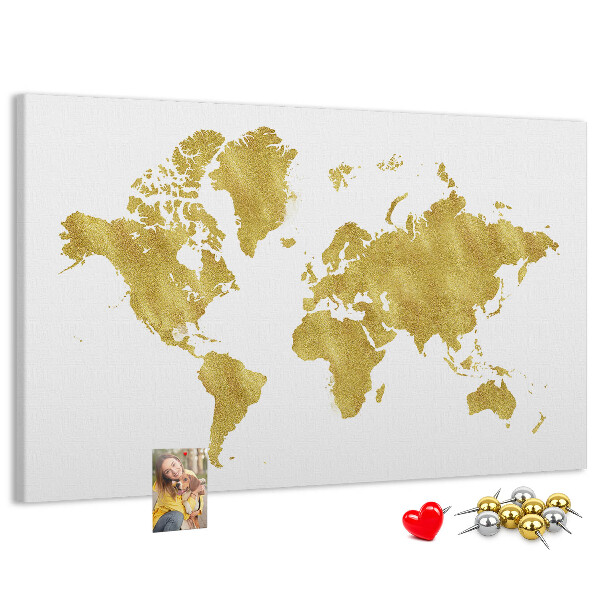 Tableau affichage liège Carte du monde dorée sur fond blanc